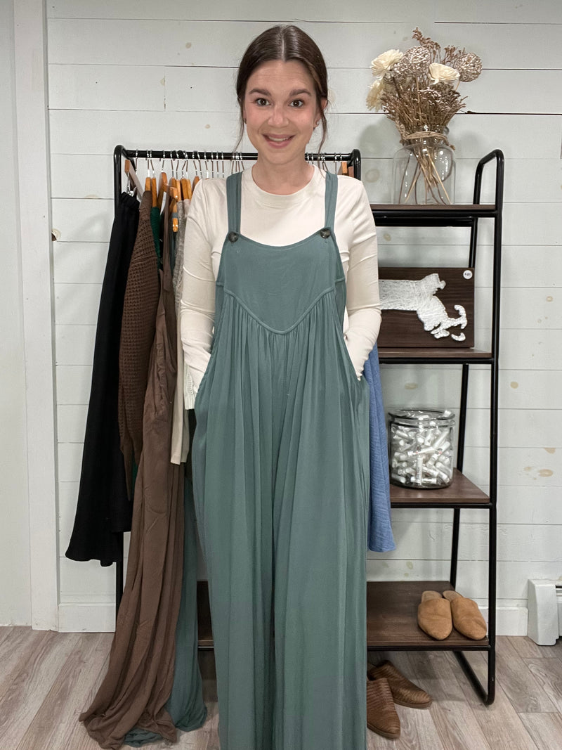 Crepe Overalls in Ash Jade