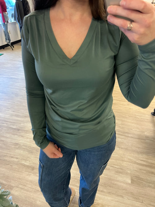 Basic Long Sleeve V Neck in Ash Jade