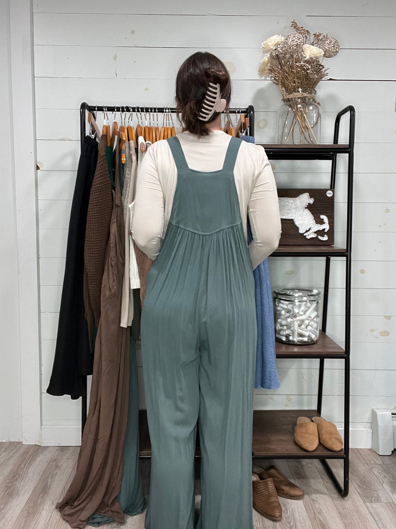 Crepe Overalls in Ash Jade