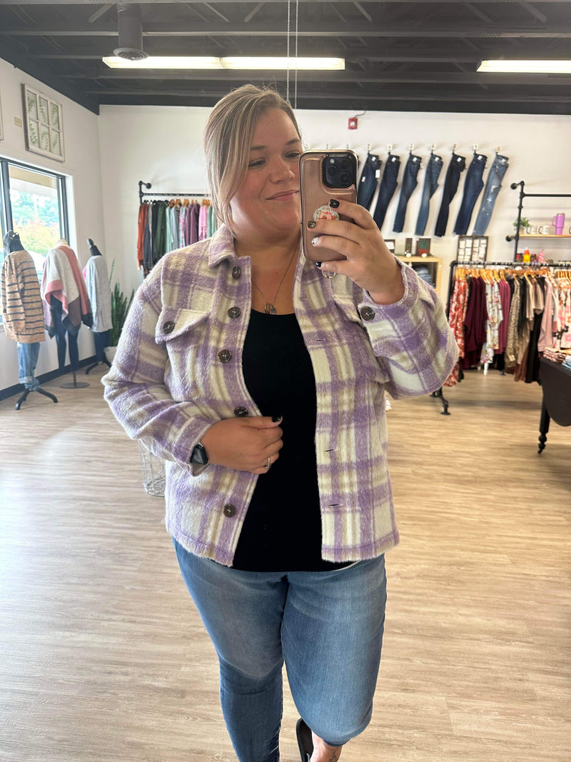 Plaid Button Down Shacket in Lavender