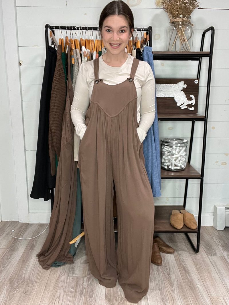Crepe Overalls in Brown