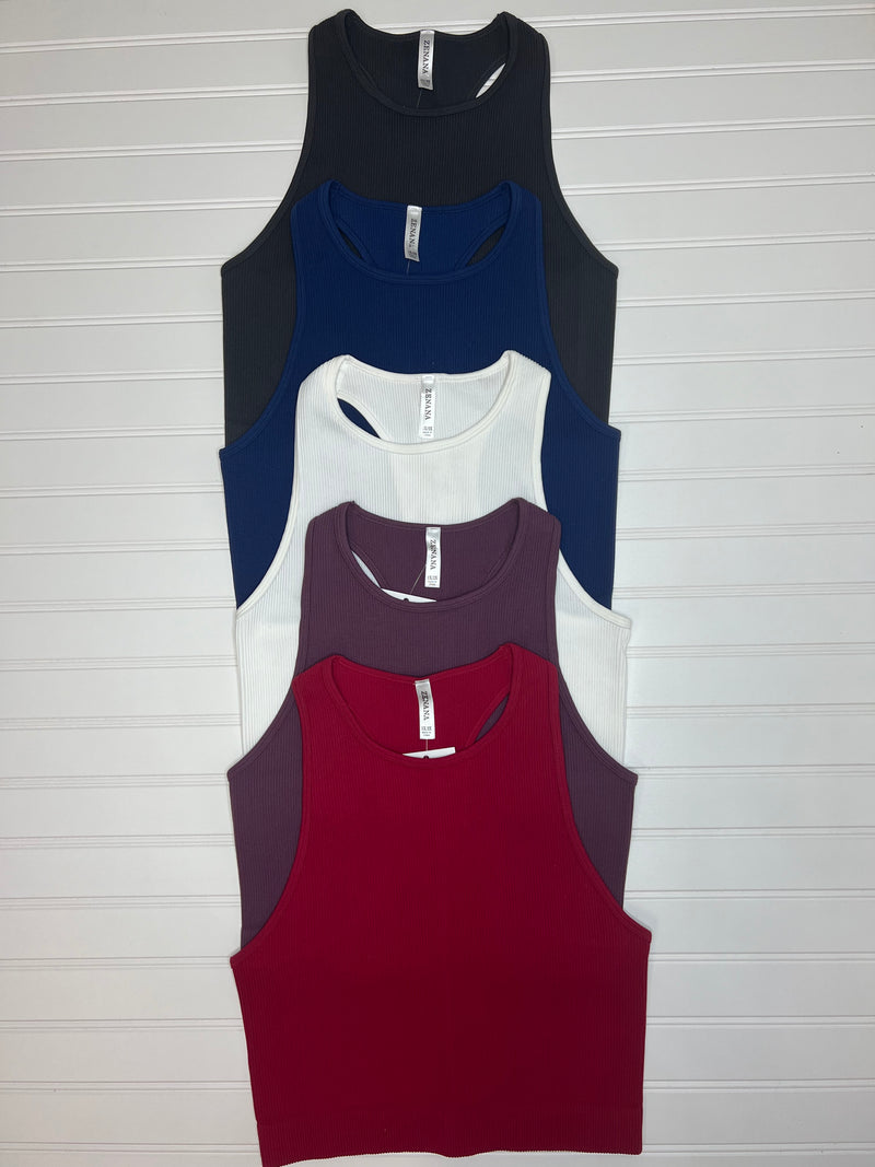 Ribbed High-Neck Cropped Tank in Burgundy