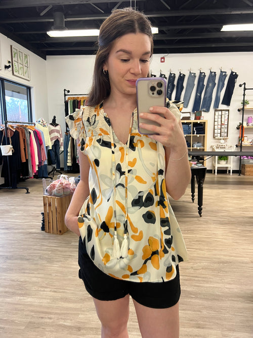 Abstract Floral Cap Sleeve Blouse