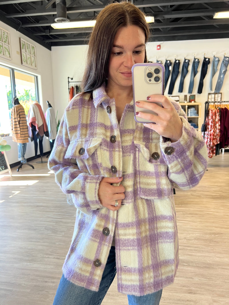 Plaid Button Down Shacket in Lavender