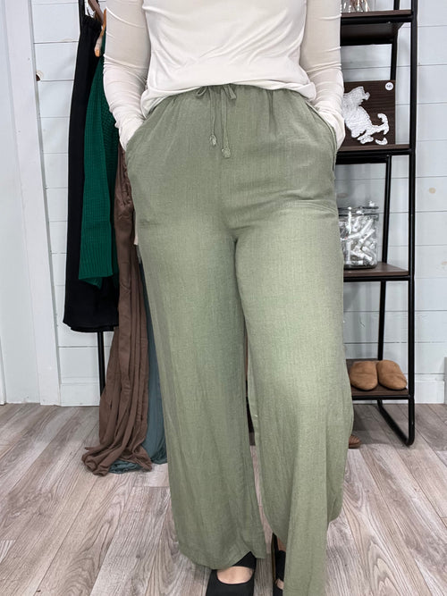 Wide Leg Linen Pants in Olive