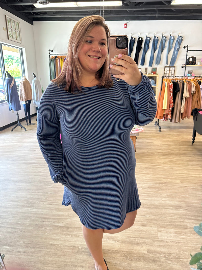 Ribbed Long Sleeve Dress in Navy