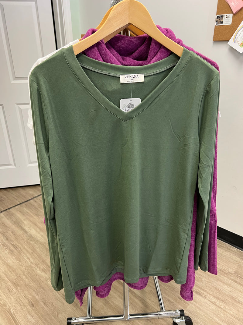 Basic Long Sleeve V Neck in Light Olive