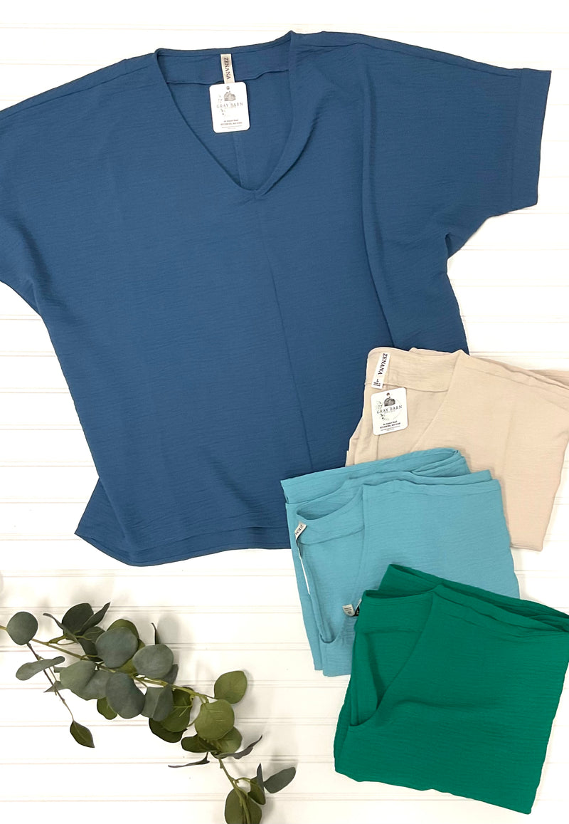 Woven V Neck Top in Dusty Blue