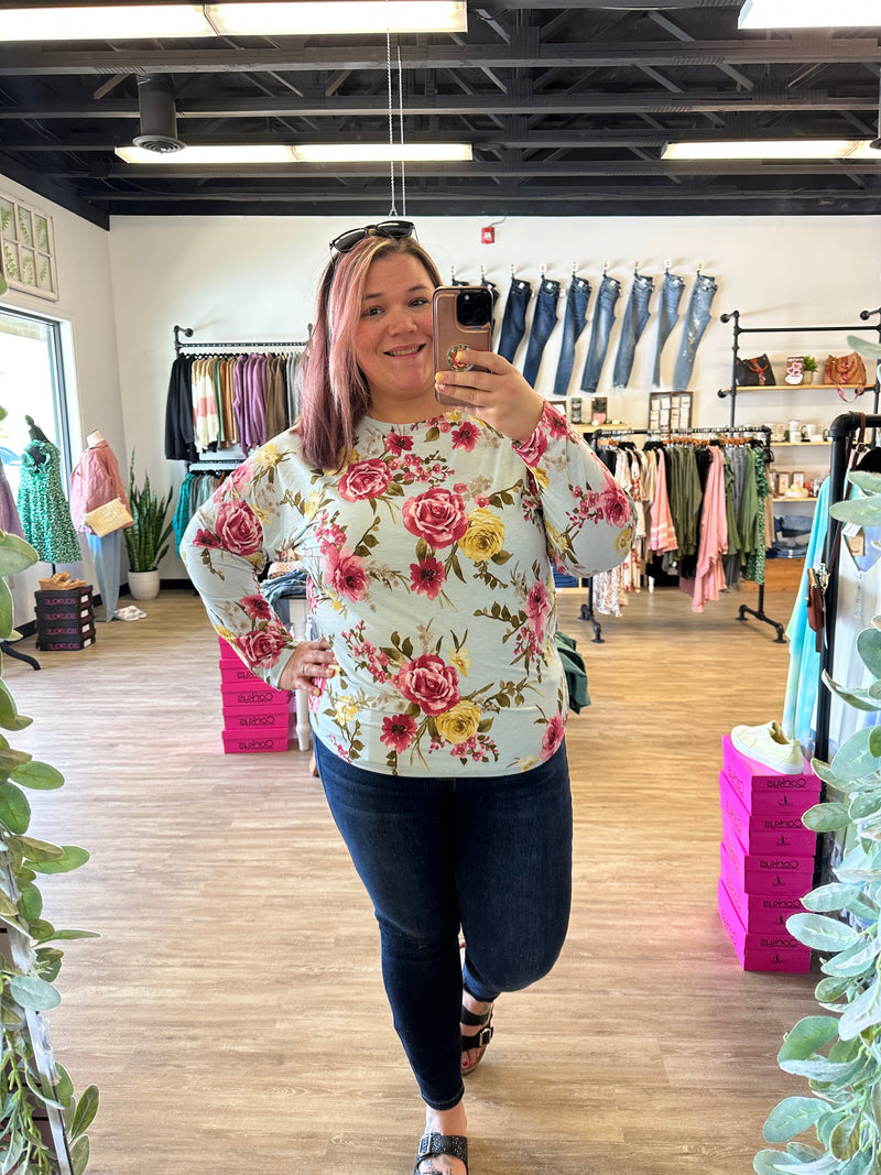 Blue Floral Flowy Long Sleeve Top