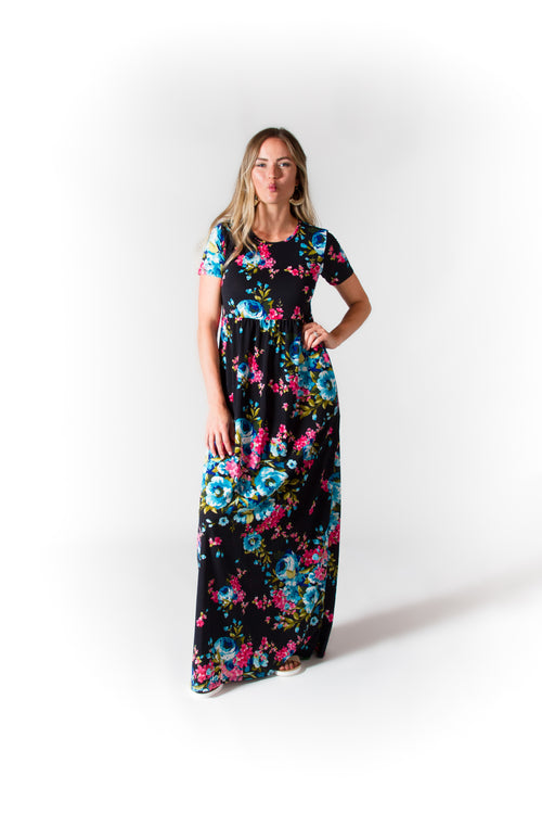 Navy Flower Fields Maxi Dress-Dresses-The Gray Barn Boutique, Templeton Massachusetts