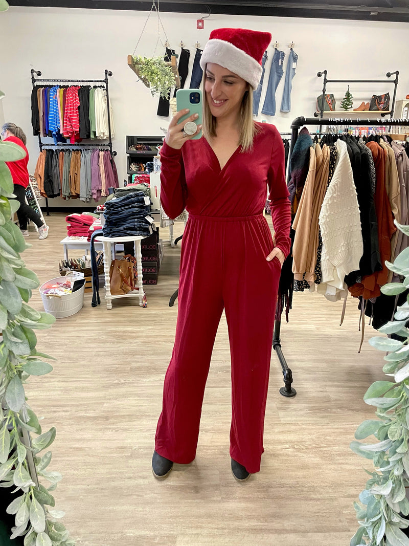 Long Sleeve Ribbed Jumpsuit in Red – The Gray Barn Boutique