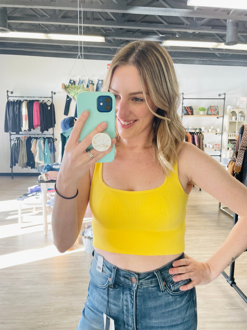 Square Neck Ribbed Cropped Tank/Brami in Yellow