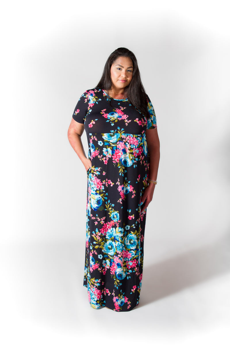 Navy Flower Fields Maxi Dress-Dresses-The Gray Barn Boutique, Templeton Massachusetts