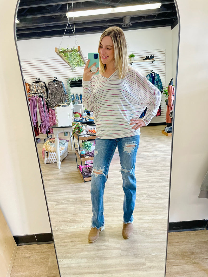 Rainbow Stripe Relaxed Long Sleeve-Shirts & Tops-The Gray Barn Boutique, Templeton Massachusetts