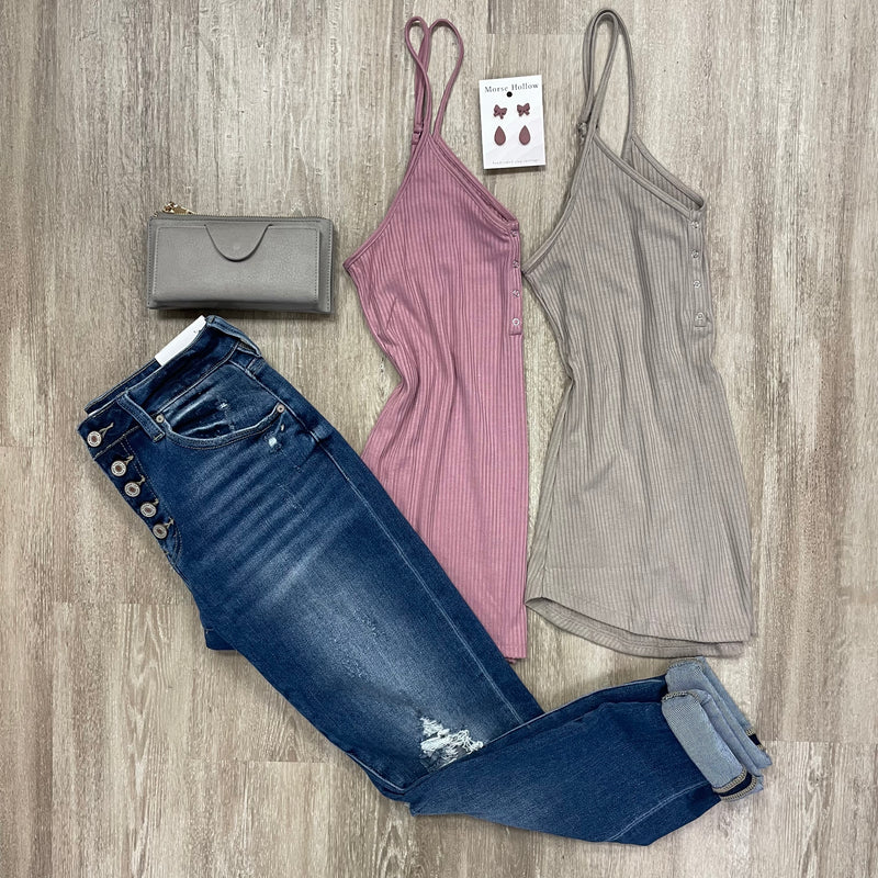 Ribbed Cami with Snap Buttons in Mocha