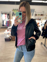 Faux Leather Hooded Bomber Jacket