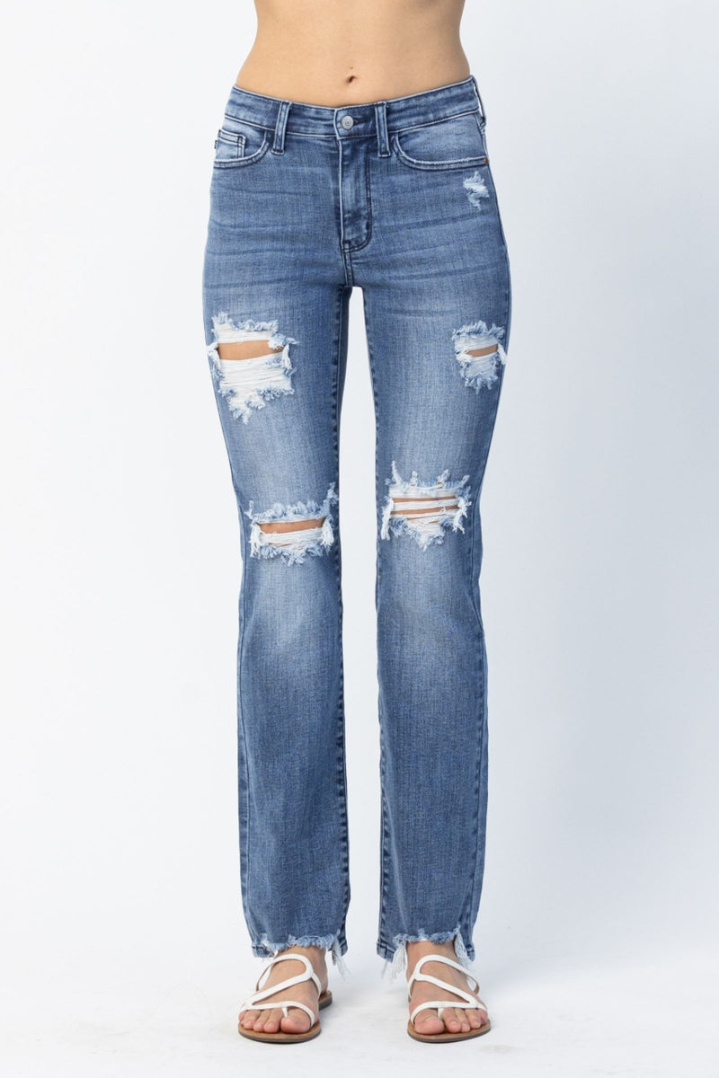 Destroyed Straight Fit Jeans by Judy Blue-Jeans-The Gray Barn Boutique, Templeton Massachusetts