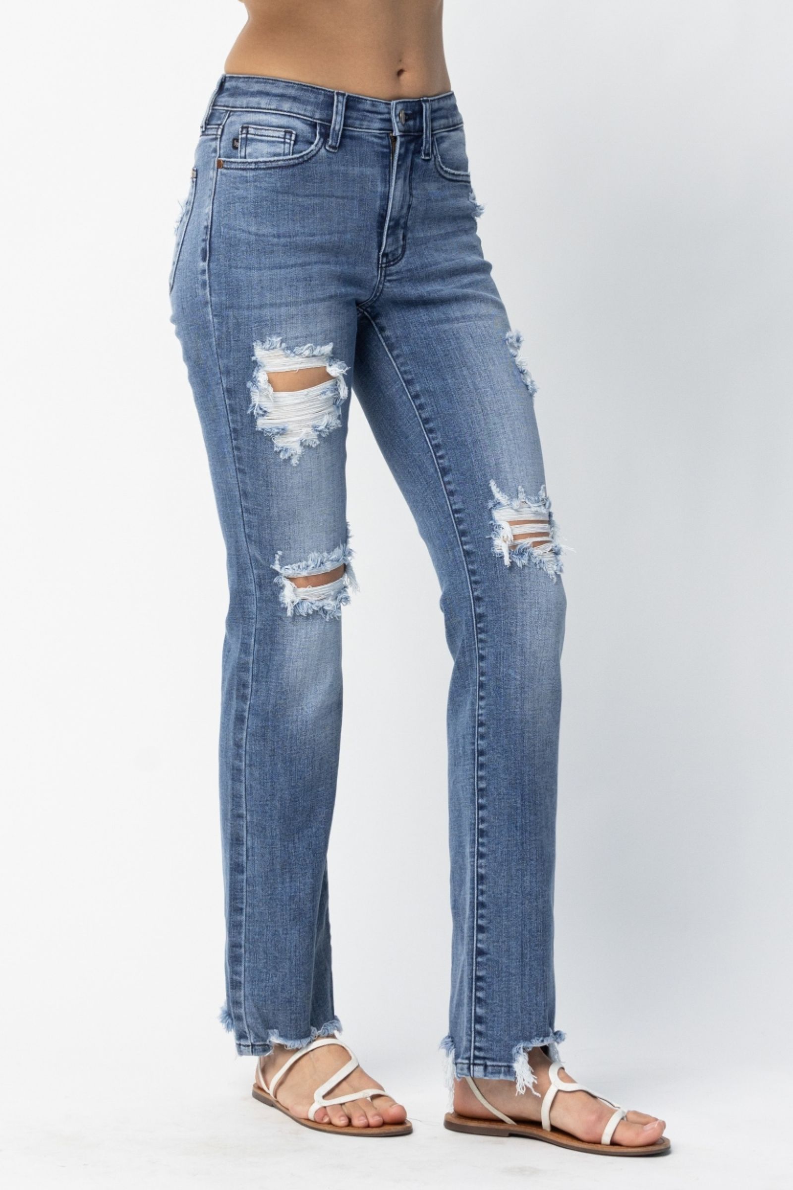 Judy Blue, Making Mischief Distressed Straight Leg Jeans in Medium Wash