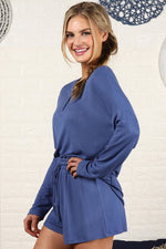 Cutest Ever Long Sleeve Top/Shorts Lounge Set in Denim Blue-Sets-The Gray Barn Boutique, Templeton Massachusetts