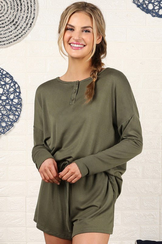 Cutest Ever Long Sleeve Top/Shorts Lounge Set in Olive Green-Sets-The Gray Barn Boutique, Templeton Massachusetts