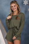 Cutest Ever Long Sleeve Top/Shorts Lounge Set in Olive Green-Sets-The Gray Barn Boutique, Templeton Massachusetts
