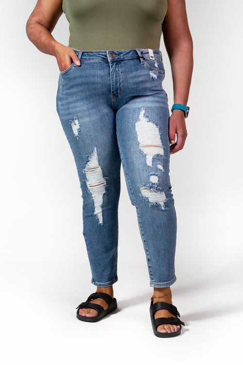 Judy Blue Light Destroyed Relaxed Jeans-Bottoms-The Gray Barn Boutique, Templeton Massachusetts