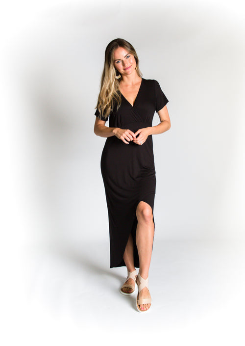 Black Faux-Wrap Dress-Dresses-The Gray Barn Boutique, Templeton Massachusetts