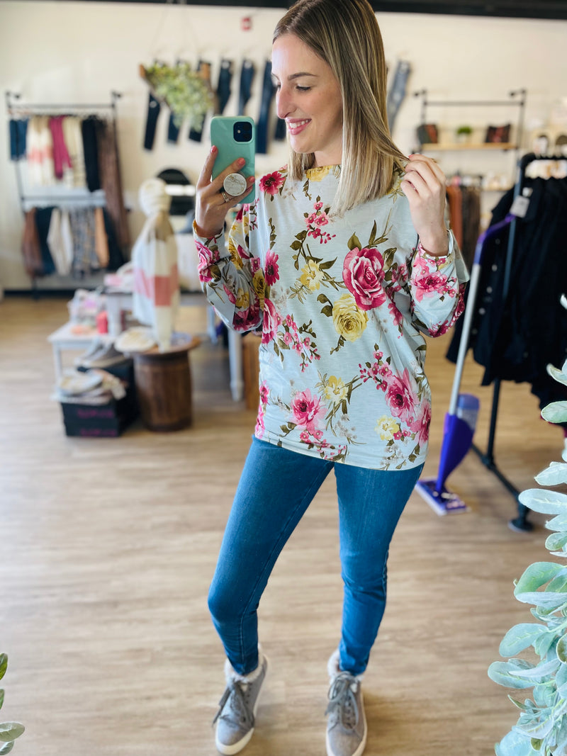 Blue Floral Flowy Long Sleeve Top