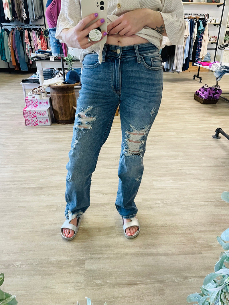 Mid-Rise Straight Fit Destroyed Judy Blue Jeans