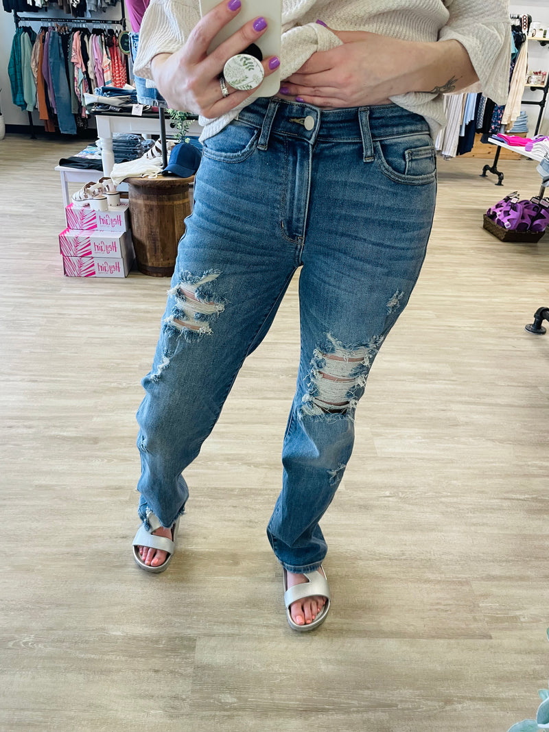 Mid-Rise Straight Fit Destroyed Judy Blue Jeans