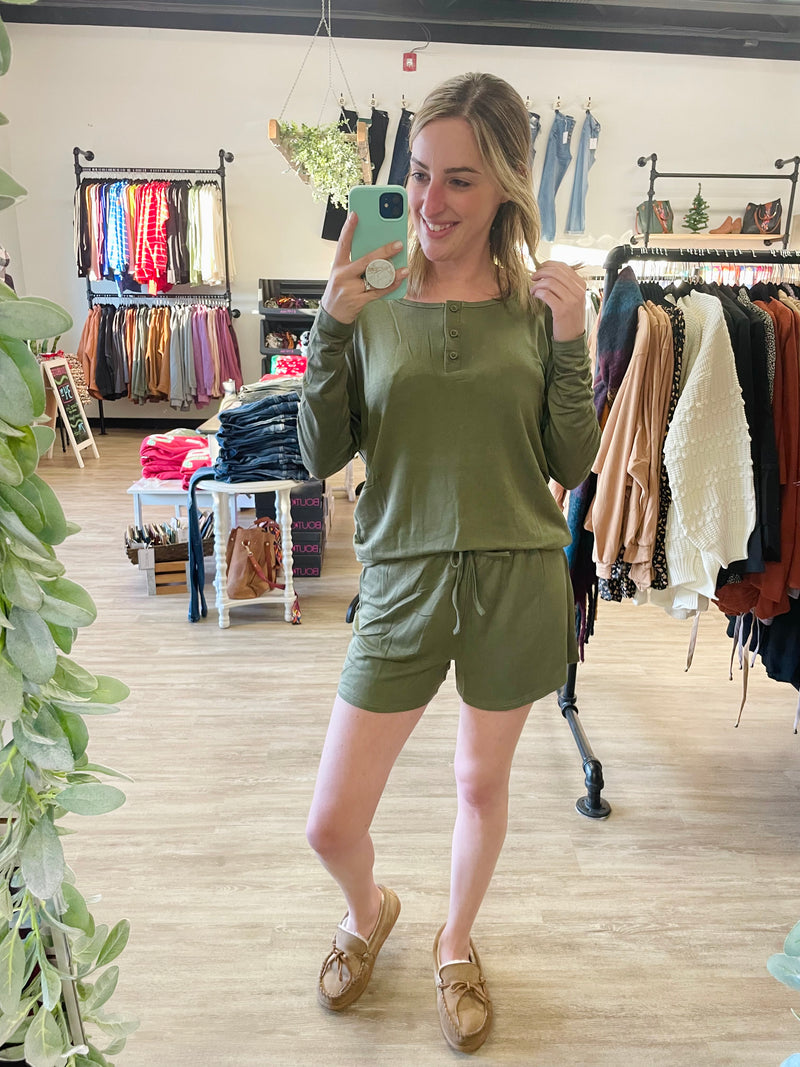 Cutest Ever Long Sleeve Top/Shorts Lounge Set in Olive Green