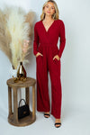 Long Sleeve Ribbed Jumpsuit in Red