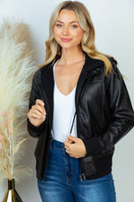 Faux Leather Hooded Bomber Jacket